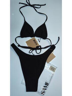 SAME Los Angeles Faux Suede Bikini Set Black XS Brazilian Tie Side Triangle NWT